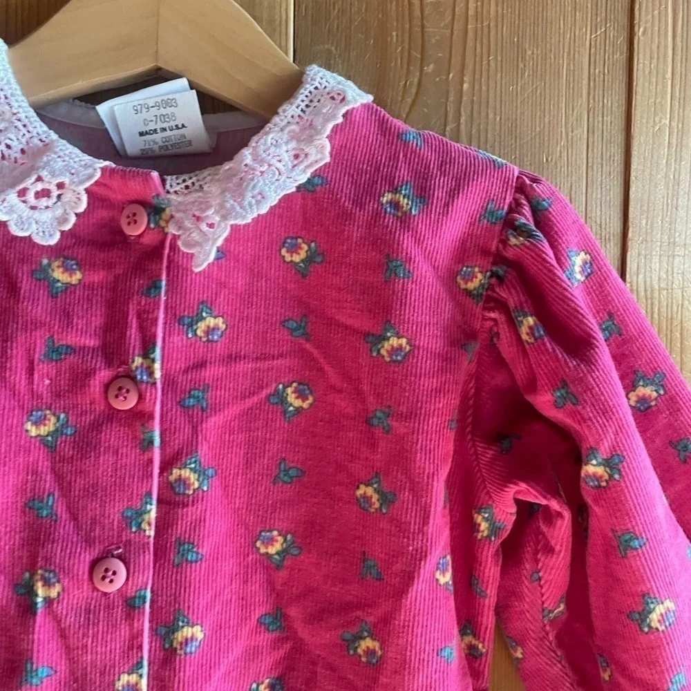 Vtg Oshkosh Bgosh Toddler Girls Pink Corduroy Floral Ruffle Long Sleeve Dress